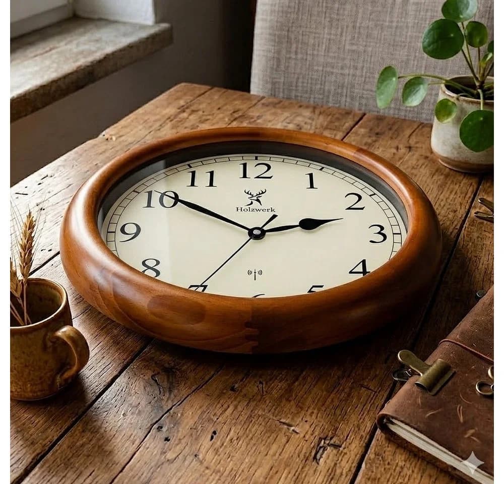 Holzwerk Funkwanduhr Designer Loft Braun Beige Analog