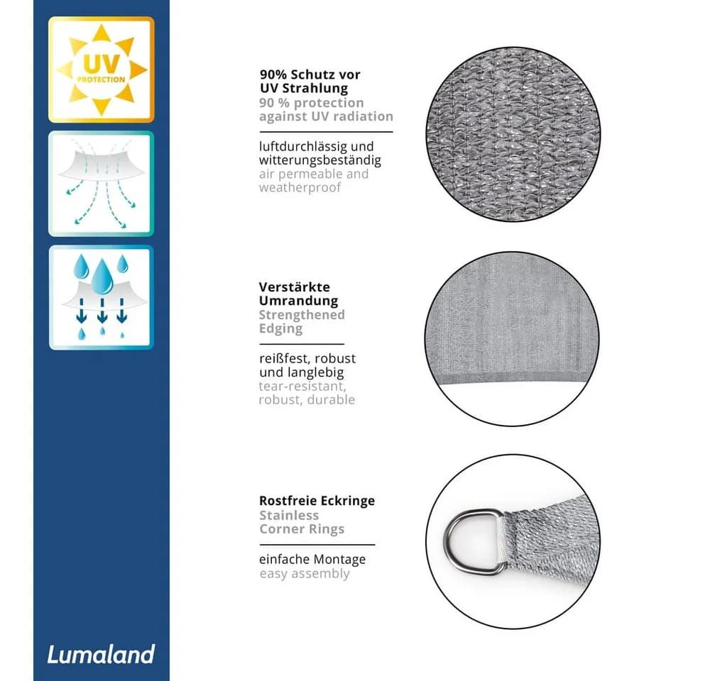 Lumaland Sonnensegel Rechteck 2x3 Meter hellgrau HDPE - Bild 4