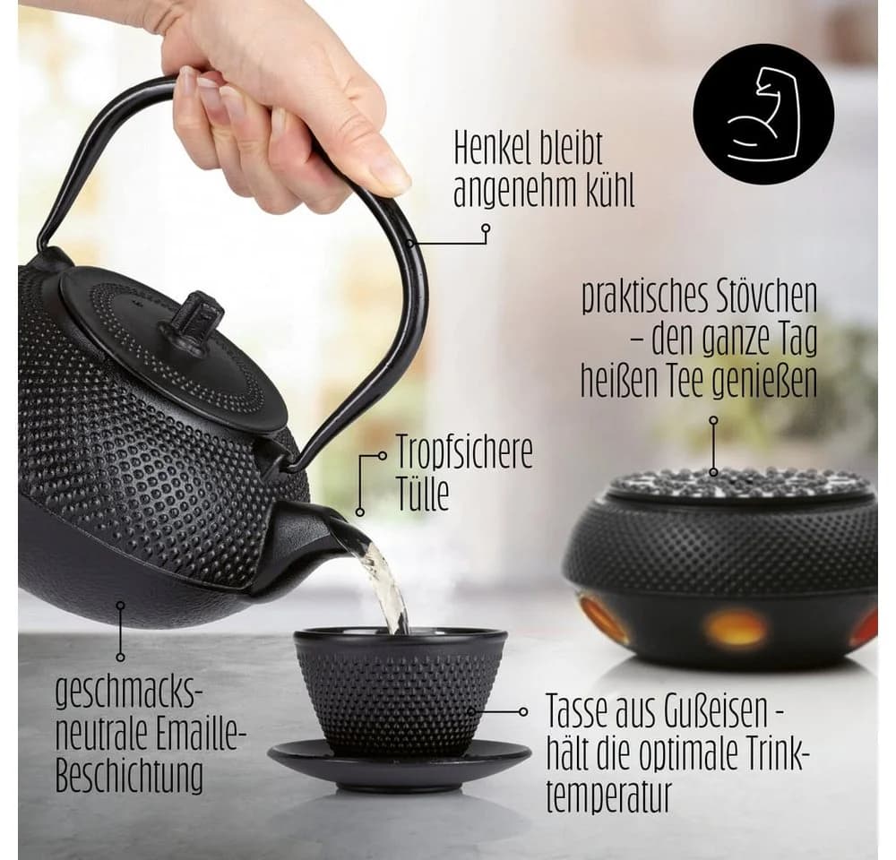 Lumaland Teekanne Set 8-teilig Schwarz Gusseisen Tetsubin - Bild 4