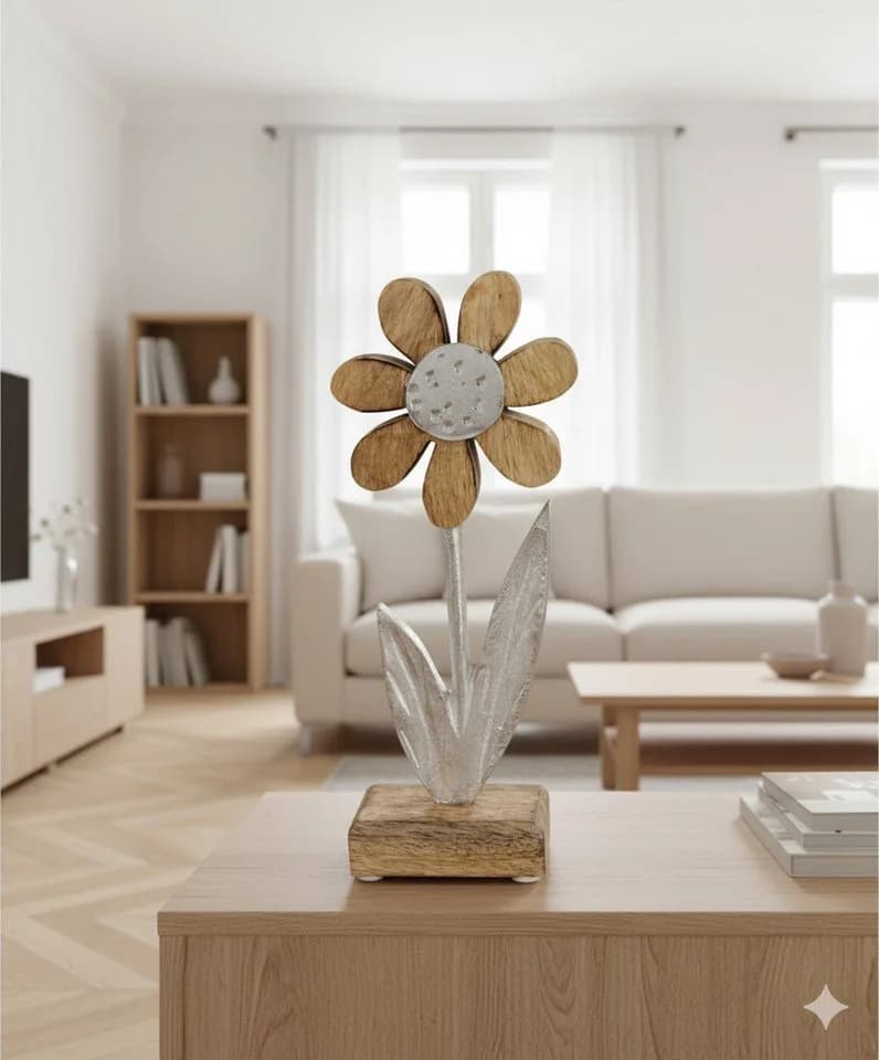 Kremers Schatzkiste Dekofigur Deko Blume Aluminium Mangoholz Sockel 15x6cm