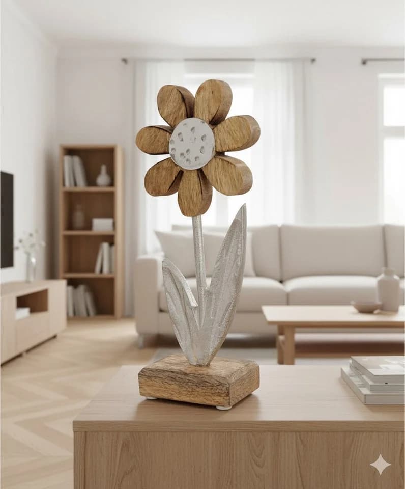 Kremers Schatzkiste Dekofigur Deko Blume Aluminium Mangoholz Sockel 15x6cm - Bild 4