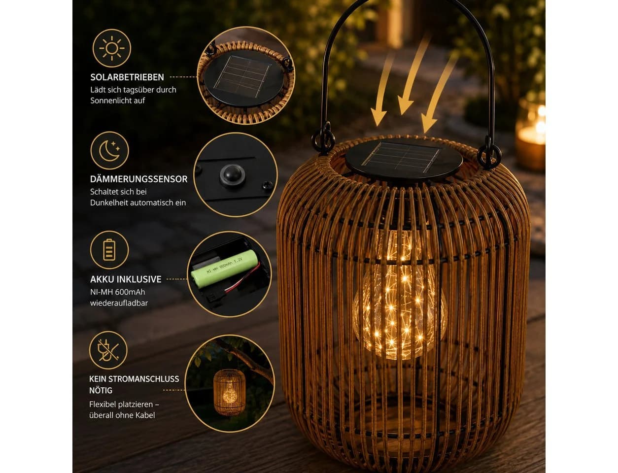 Kremers Schatzkiste LED Solarlaterne Rattan Optik Braun mit Dämmerungssensor - Bild 5
