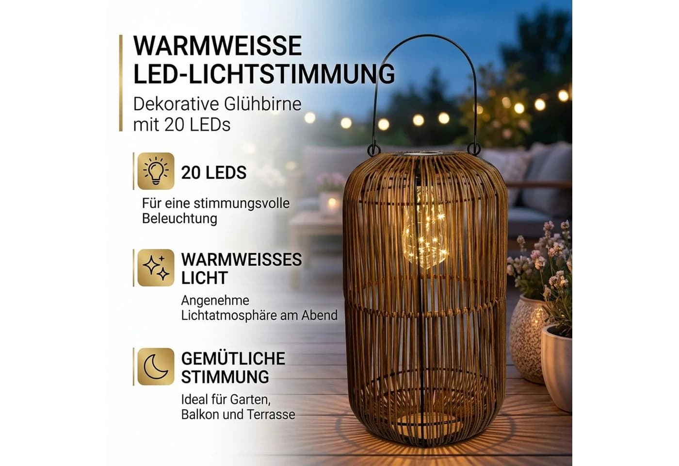 Kremers Schatzkiste LED Solarlaterne Rattan Optik Braun mit Dämmerungssensor - Bild 3