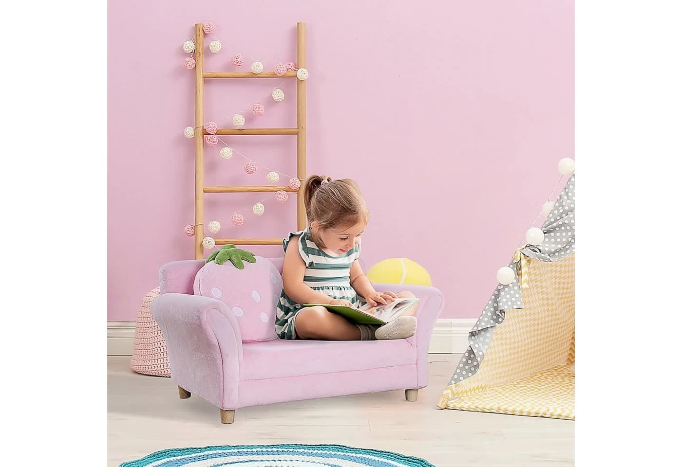 HOMCOM Kinder Sofa Erdbeer-Motiv mit 2 Kissen Korallenvlies - Bild 4