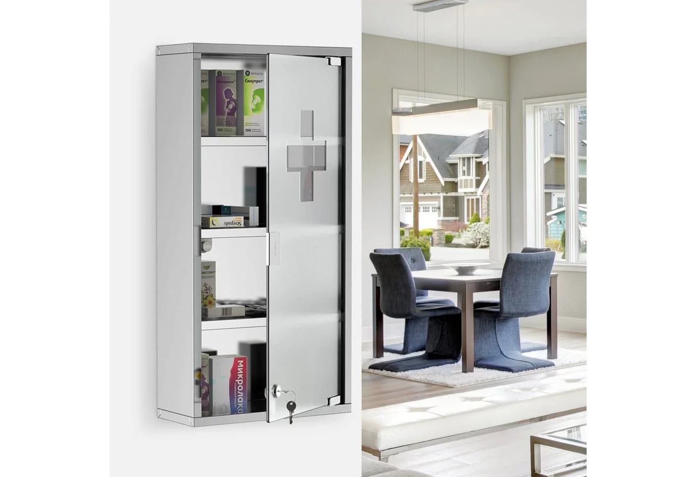 HOMCOM Medizinschrank Edelstahl mit 4 Fachböden und Glastür - Bild 4