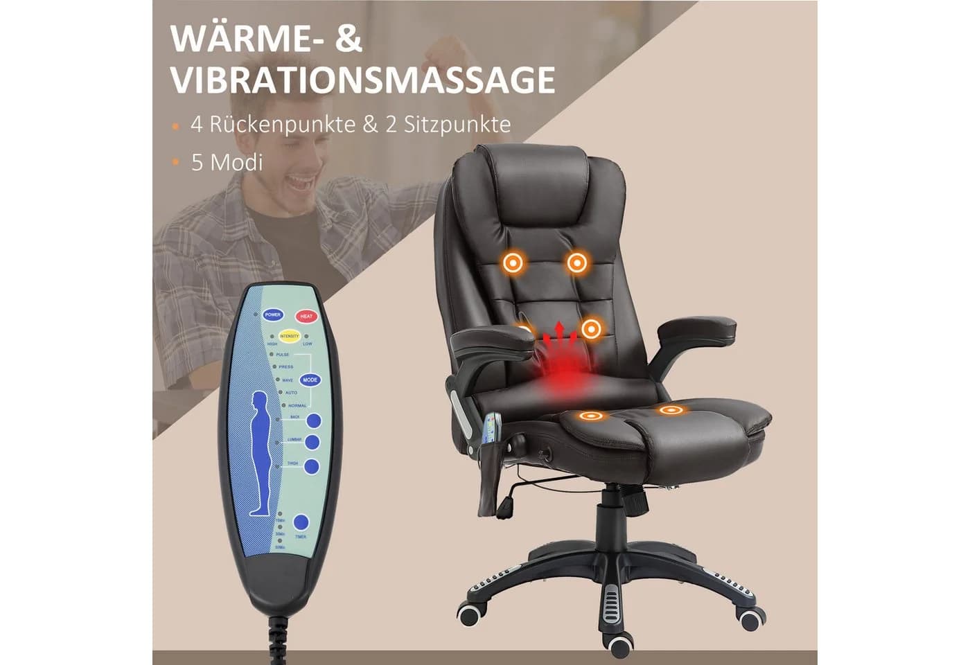 HOMCOM Schreibtischstuhl mit Massage- und Wärmefunktion Braun - Bild 4