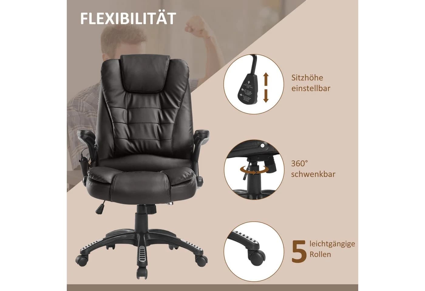 HOMCOM Schreibtischstuhl mit Massage- und Wärmefunktion Braun - Bild 5