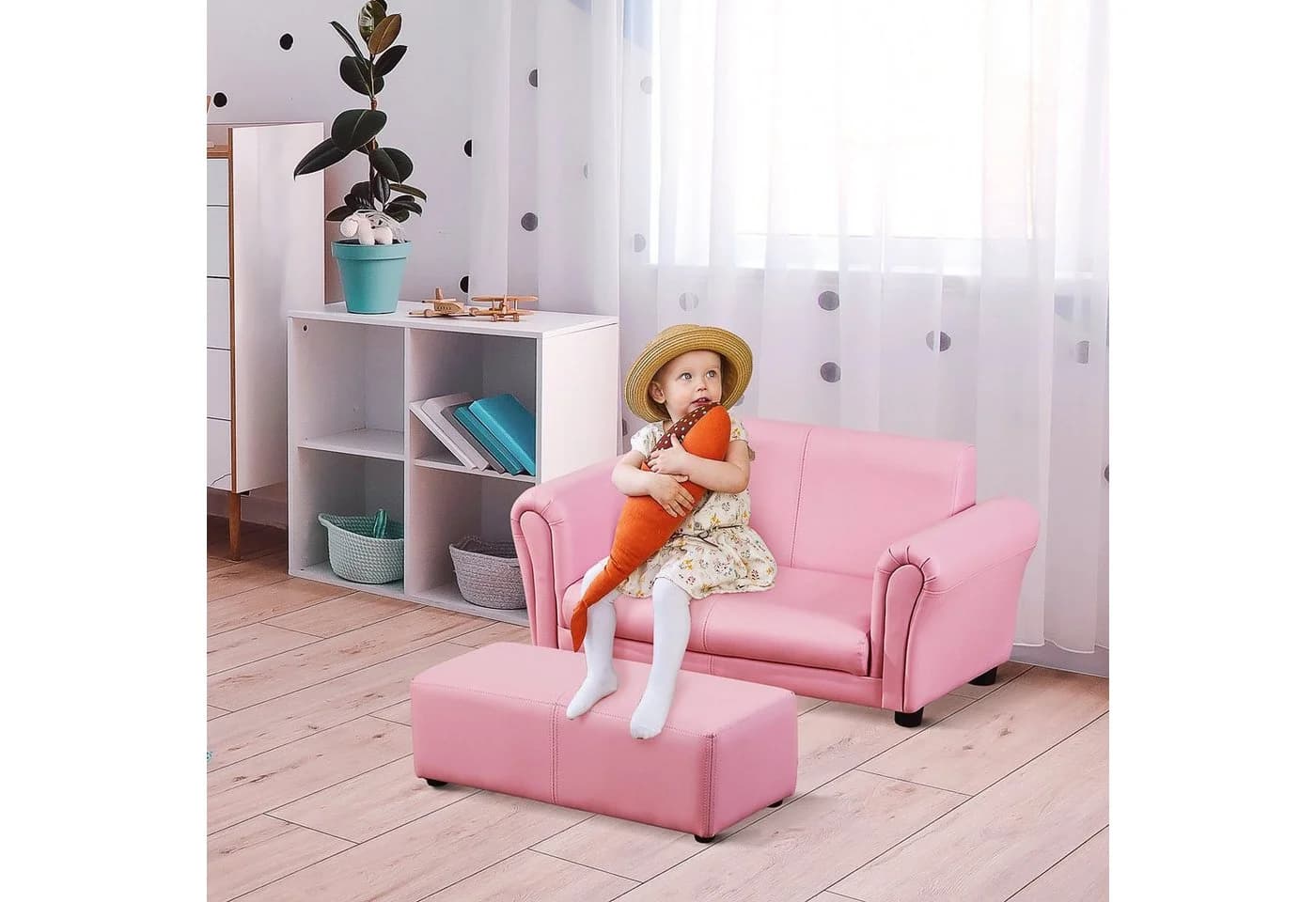 HOMCOM Kindersofa mit Hocker Rosa PVC Holz