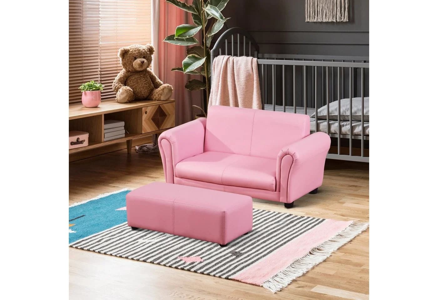 HOMCOM Kindersofa mit Hocker Rosa PVC Holz - Bild 3