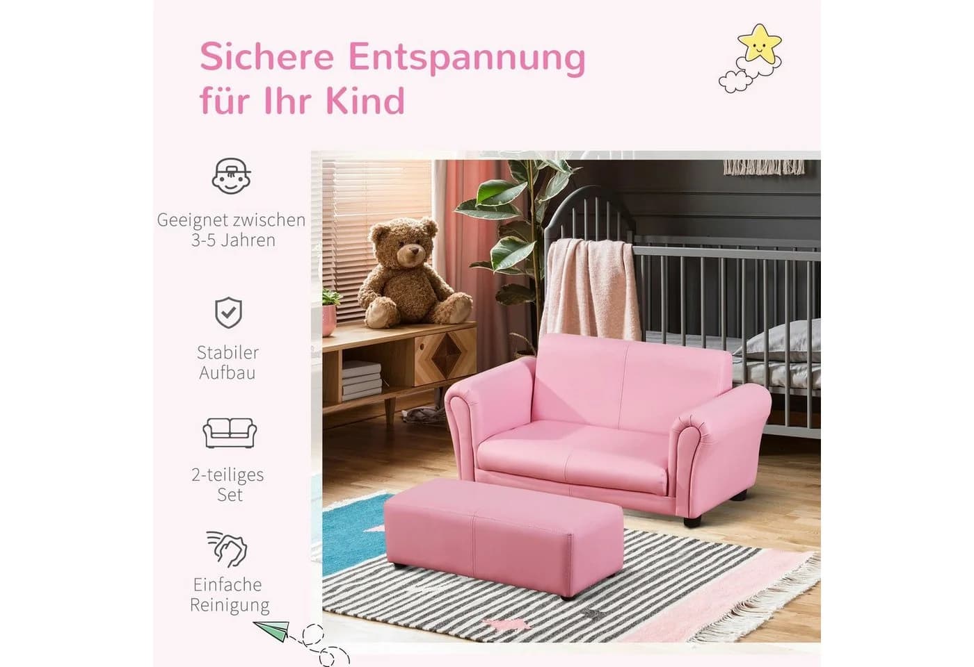 HOMCOM Kindersofa mit Hocker Rosa PVC Holz - Bild 5