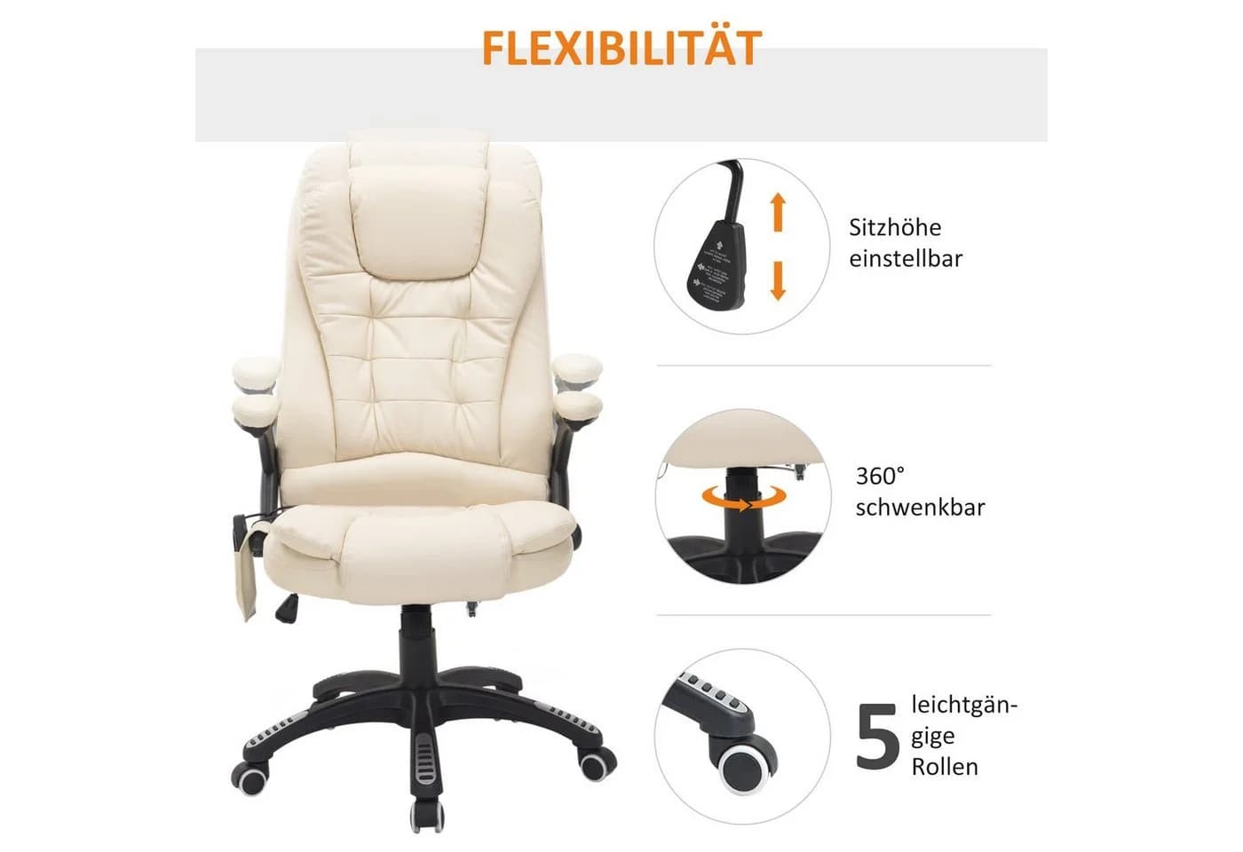 HOMCOM Bürostuhl mit Massage- und Wärmefunktion, Chefsessel Cremeweiß - Bild 5