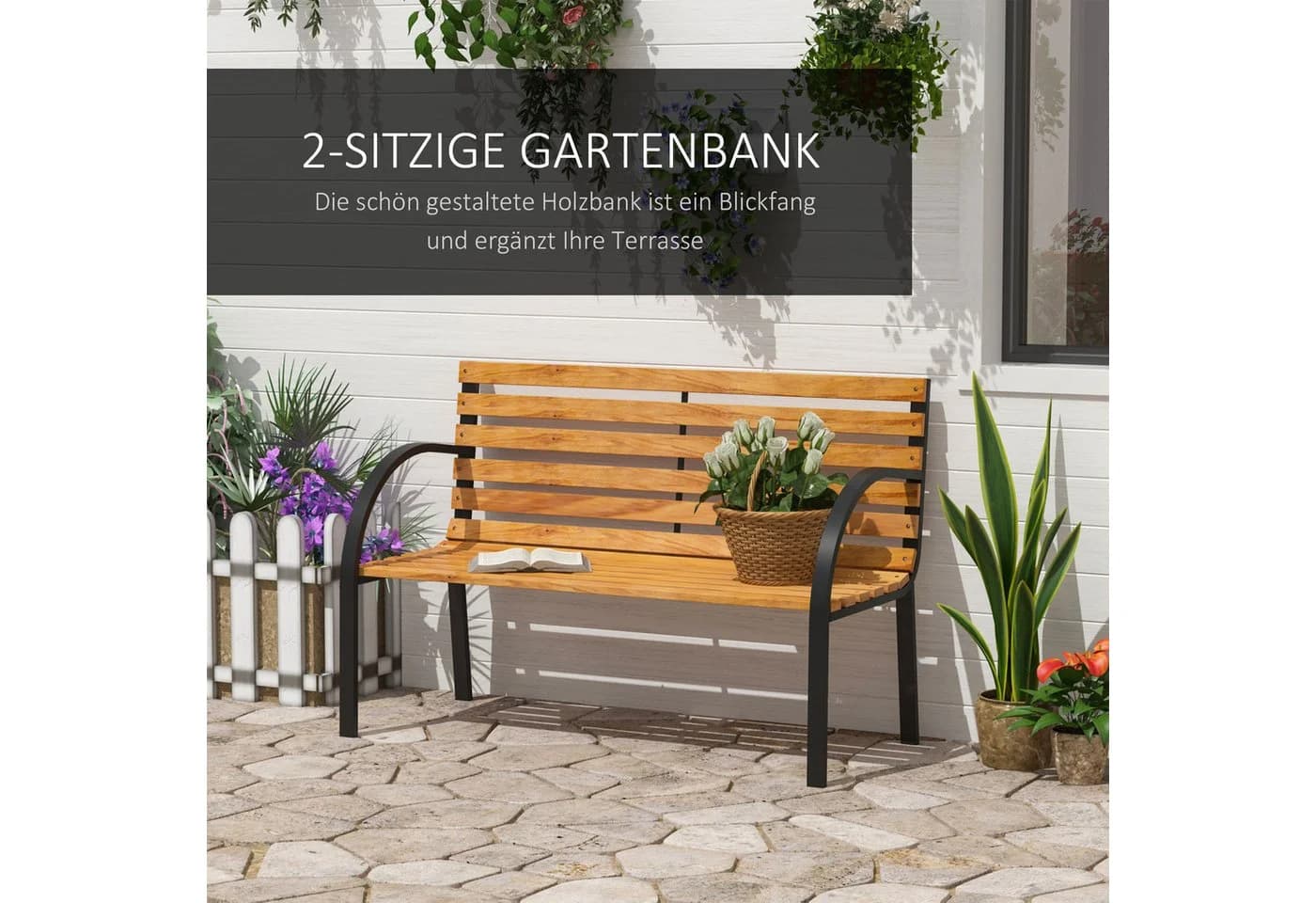 Outsunny Parkbank 2-Sitzer Gartenbank Stahl Kiefernholz Natur - Bild 5