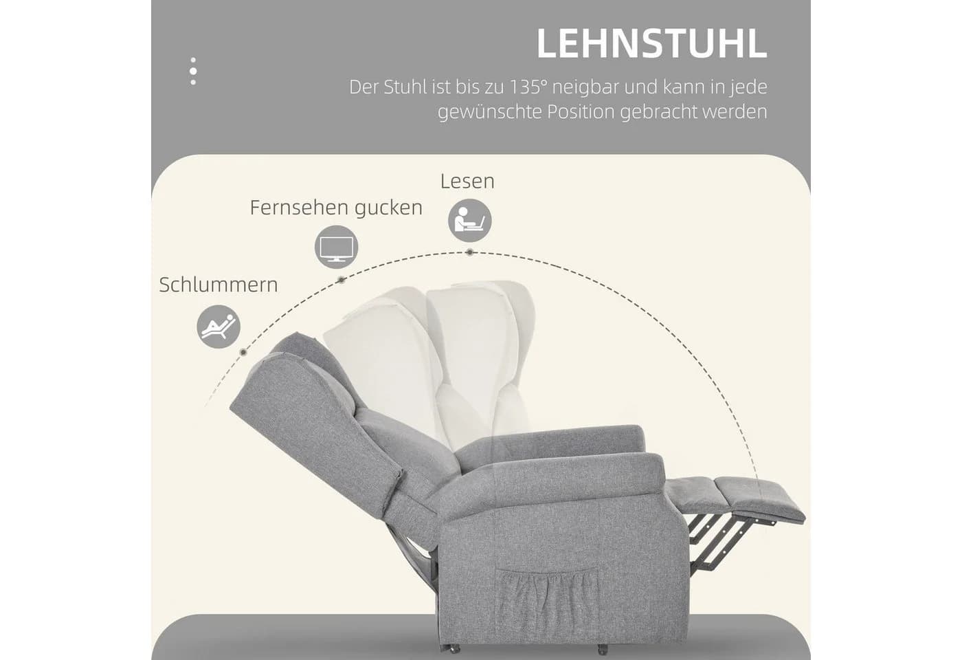 HOMCOM Elektrischer Relaxsessel mit Aufstehhilfe Grau 135° Liegefunktion - Bild 5