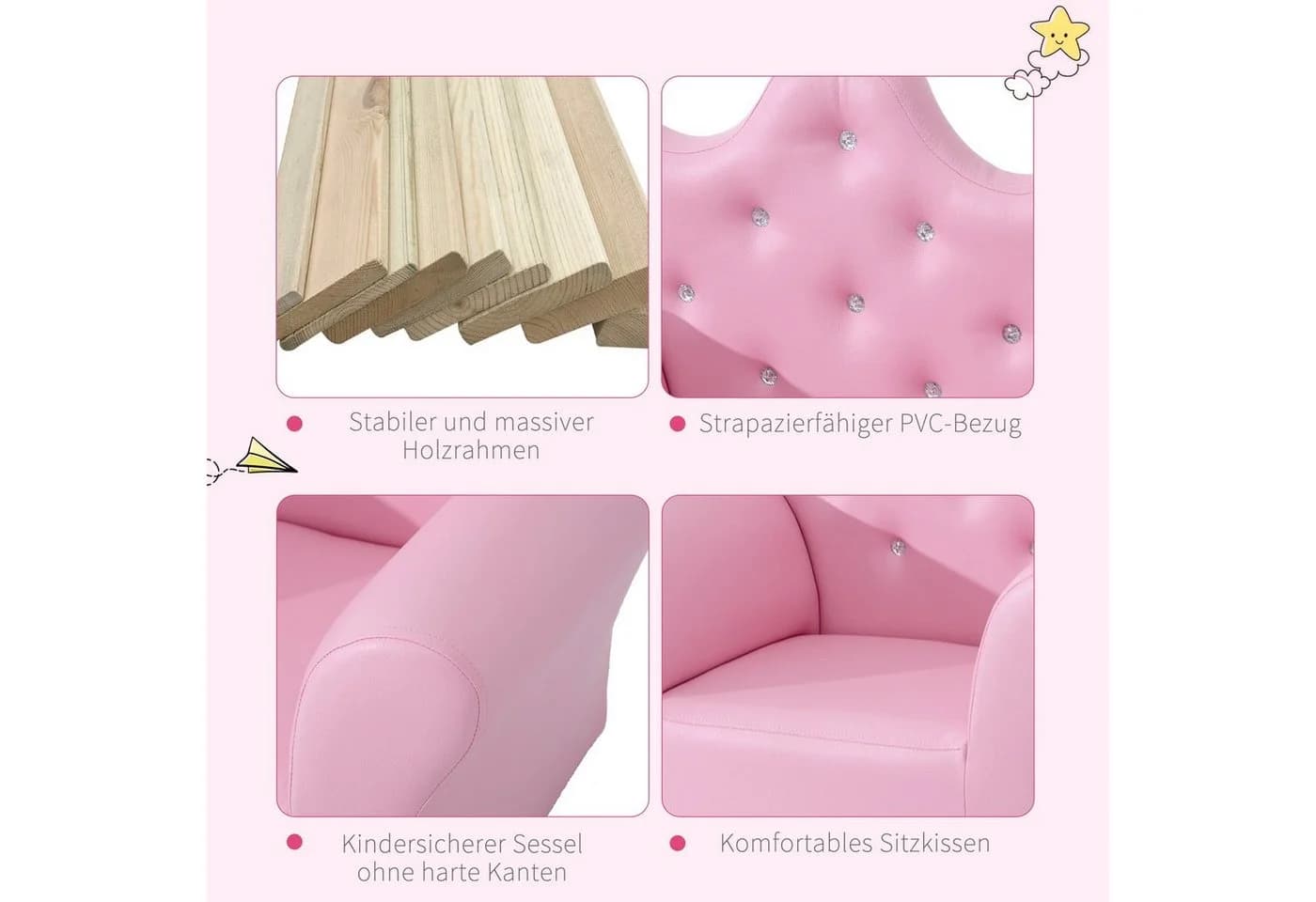 HOMCOM Prinzessinnen Sessel mit Ottomane Rosa PVC - Bild 4