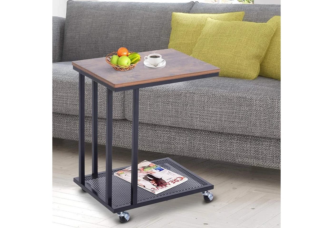 HOMCOM Rollbarer Beistelltisch C-Form Walnuss/Schwarz