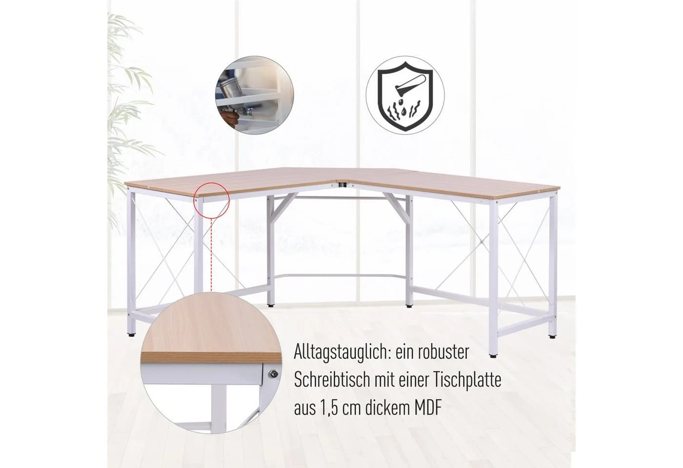 HOMCOM Eckschreibtisch L-Form Modern Weiß/Natur - Bild 5