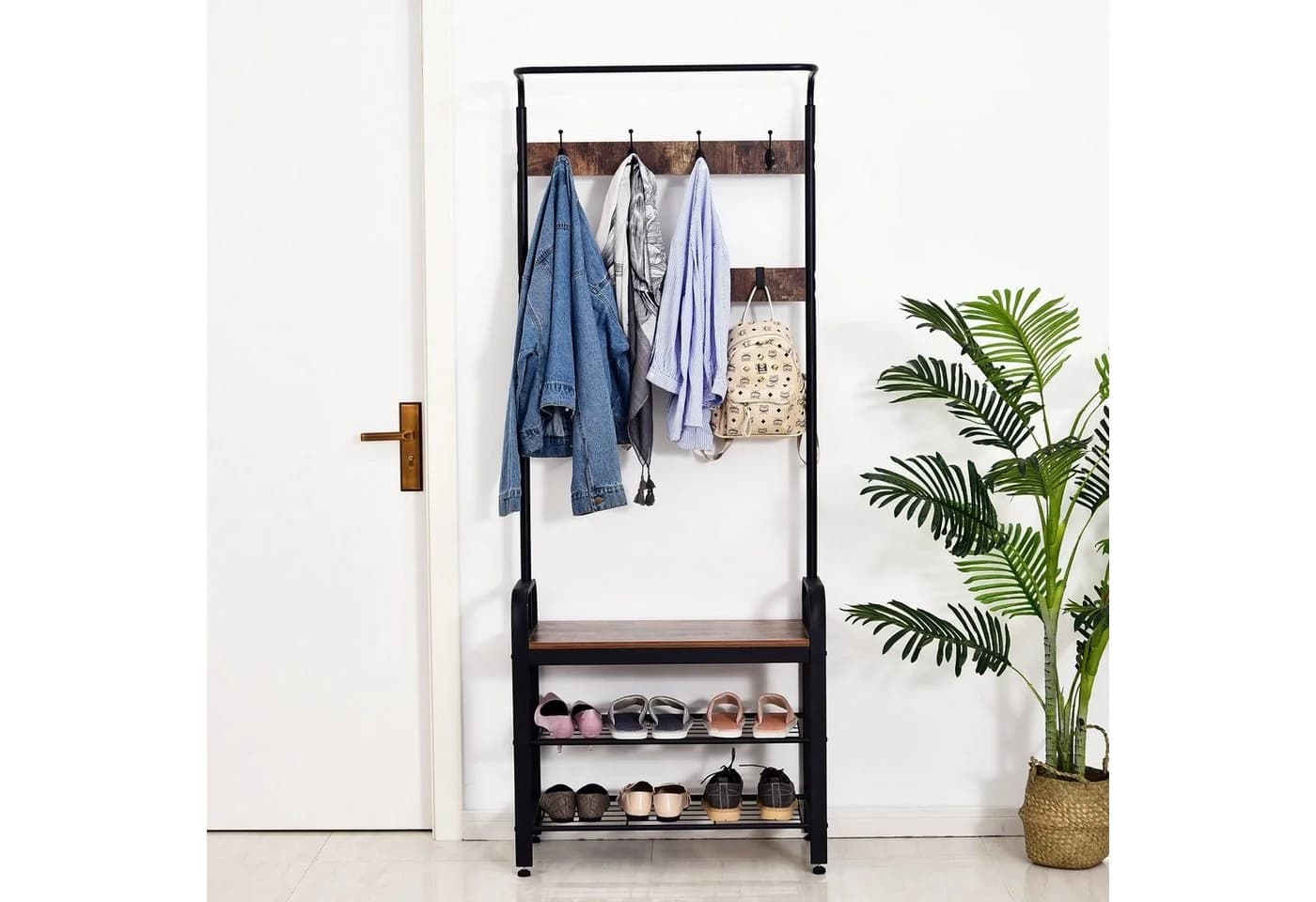 HOMCOM Garderobenständer mit Schuhbank - Metall/MDF - Beige/Schwarz