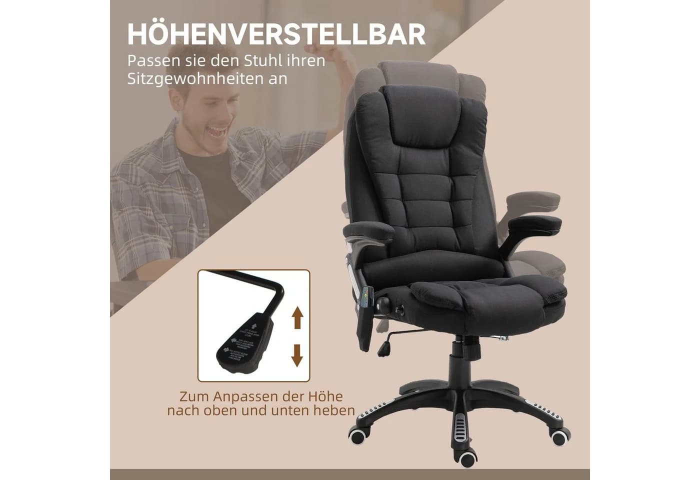 Vinsetto Bürostuhl mit Massage- und Wärmefunktion Schwarz - Bild 5