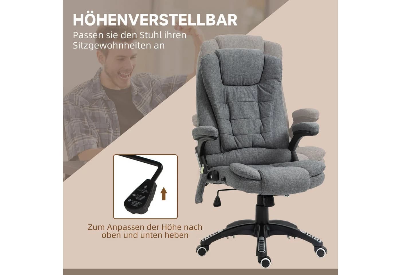Vinsetto Schreibtischstuhl mit Massage- und Wärmefunktion Grau - Bild 5