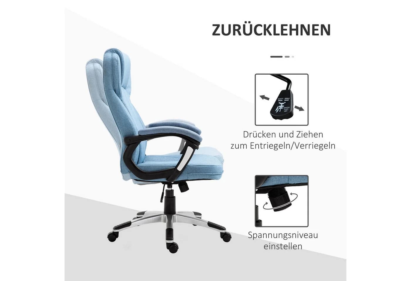 Vinsetto Bürostuhl ergonomisch mit Wippfunktion Leinenoptik Hellblau - Bild 5