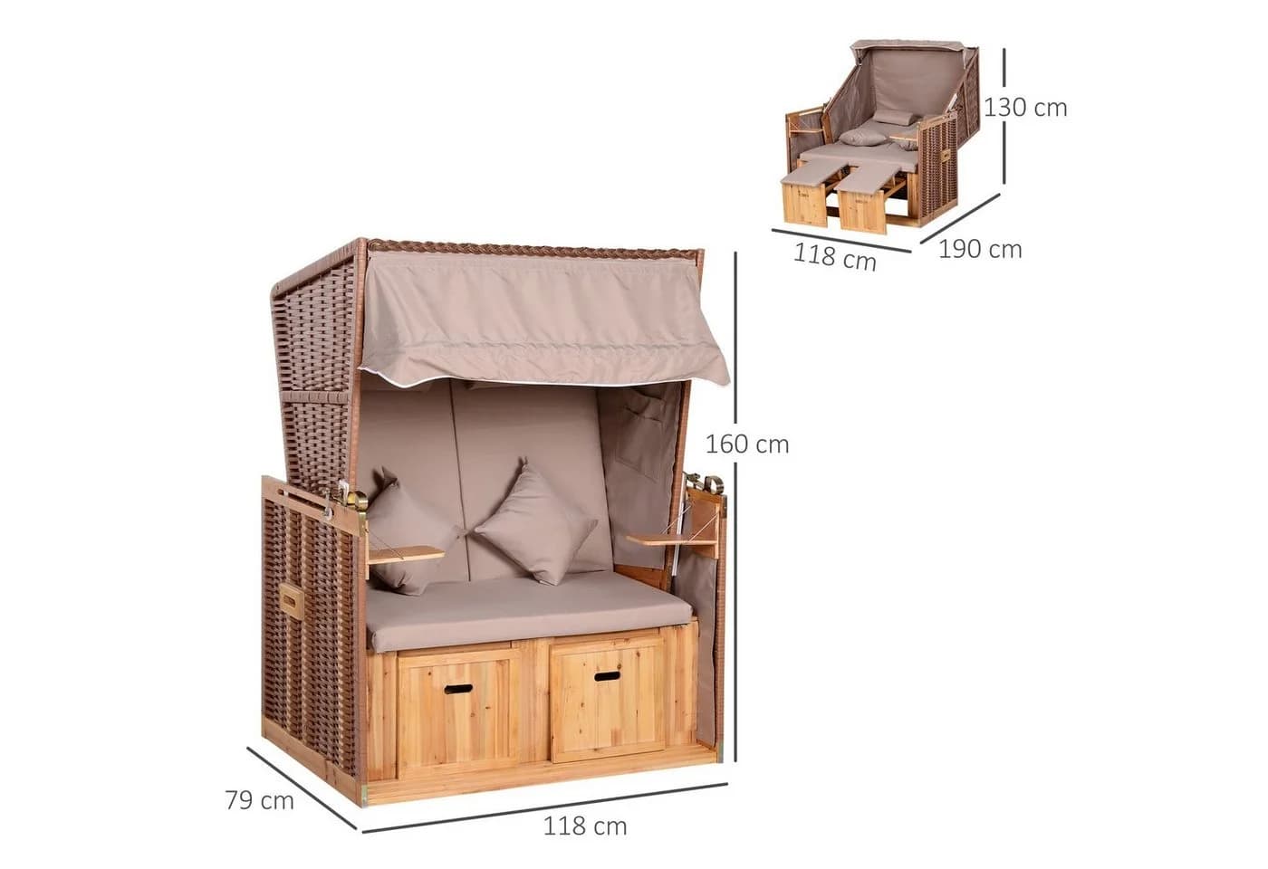 Outsunny Strandkorb Volllieger 2-Sitzer Beige Braun - Bild 3