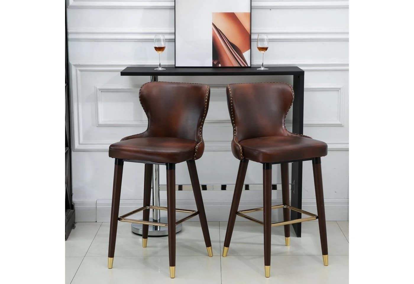 HOMCOM Barhocker 2er Set Braun Gold Retro Kunstleder