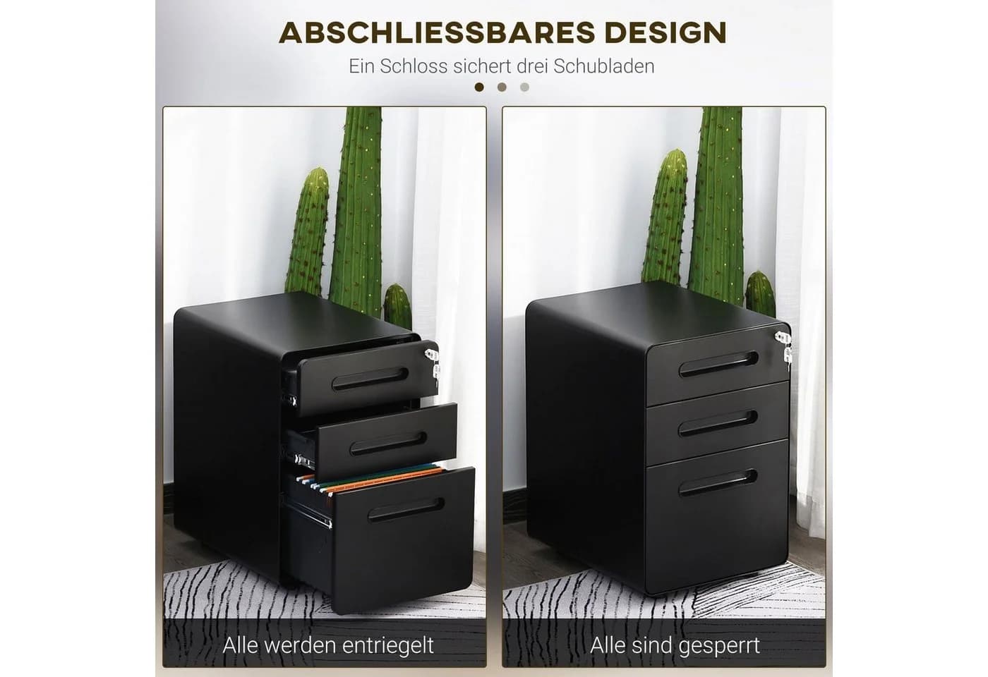 Vinsetto Rollcontainer Bürocontainer mit 3 Schubladen, Stahl, Schwarz - Bild 4