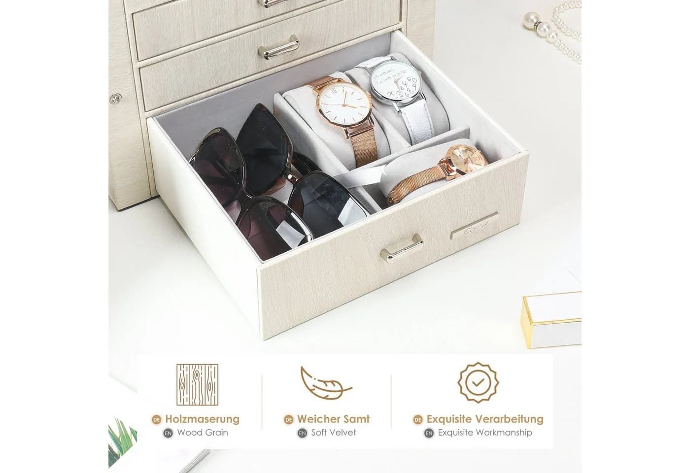 Yorbay Schmuckkasten Schmuckkoffer 4 Ebenen 2 Seitenfächer Cremeweiß Holzmaserung - Bild 5