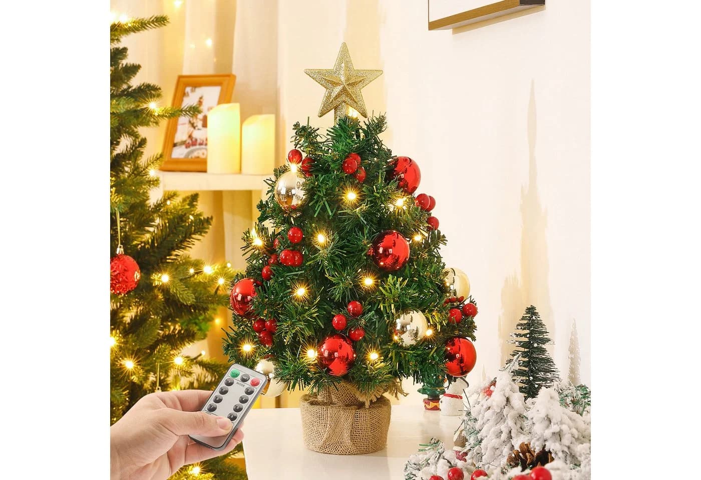 Yorbay Mini Weihnachtsbaum mit warmweißen LEDs und Fernbedienung