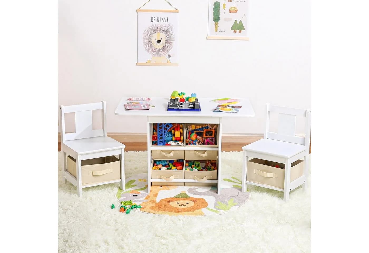 Yorbay Kindersitzgruppe Kindertisch mit 2 Stühlen, mit 6 Aufbewahrungskörben, Weiß + Beige