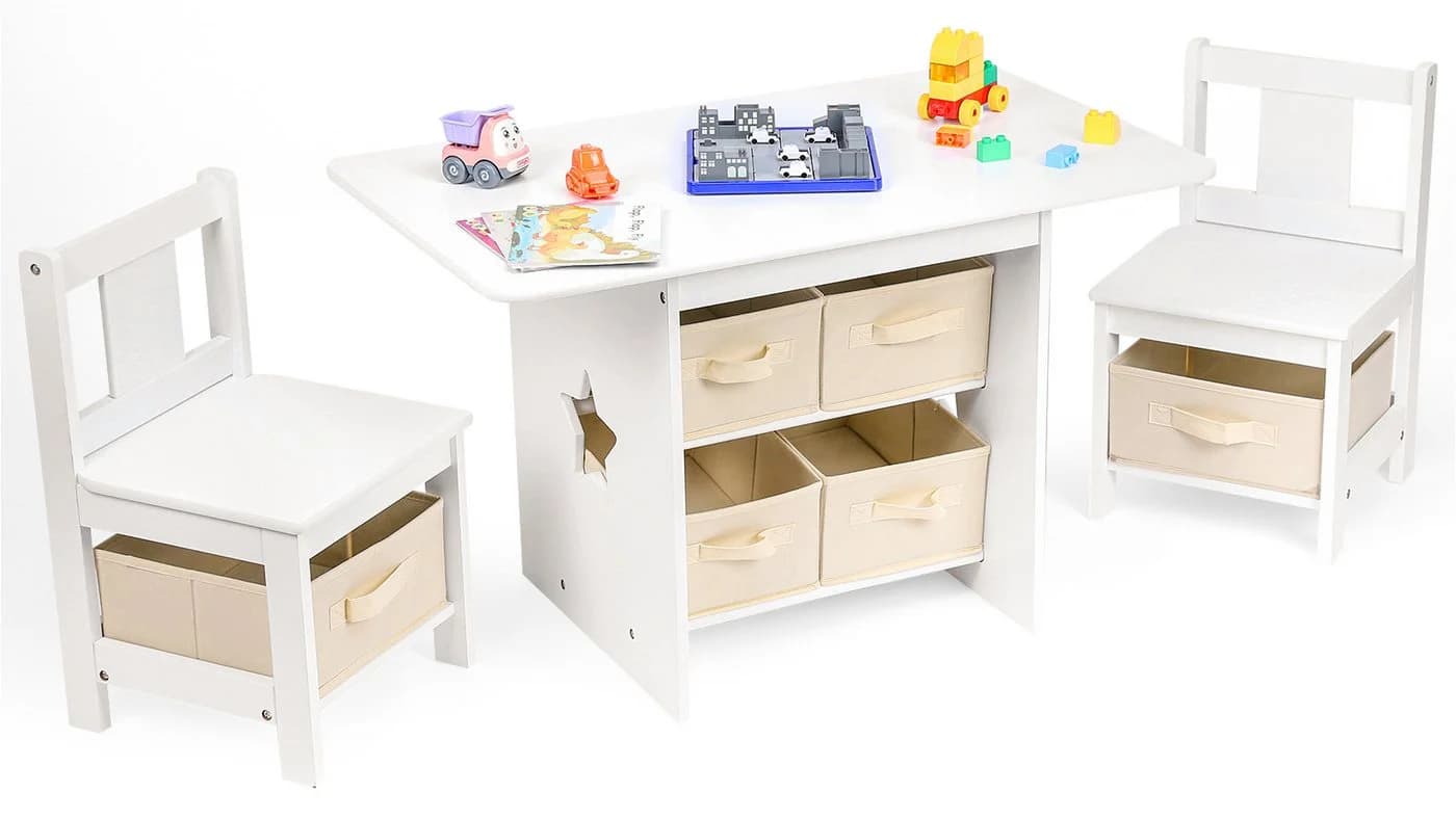 Yorbay Kindersitzgruppe Kindertisch mit 2 Stühlen, mit 6 Aufbewahrungskörben, Weiß + Beige - Bild 2