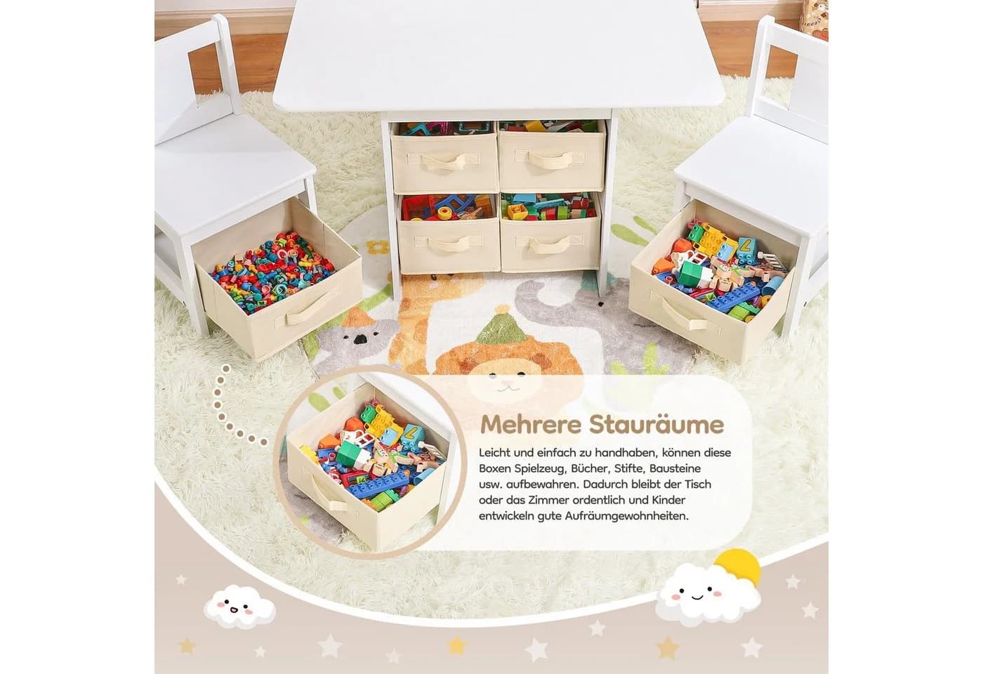 Yorbay Kindersitzgruppe Kindertisch mit 2 Stühlen, mit 6 Aufbewahrungskörben, Weiß + Beige - Bild 5
