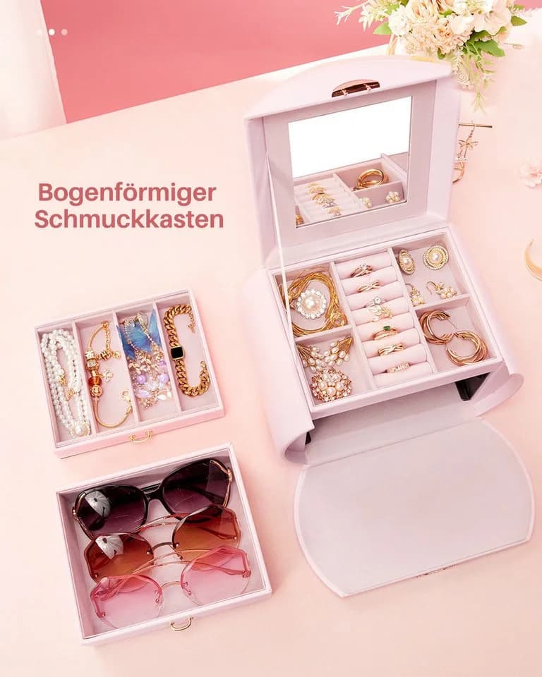 Yorbay Schmuckkasten Rosa Gold 3 Ebenen Mit Spiegel Abschließbar