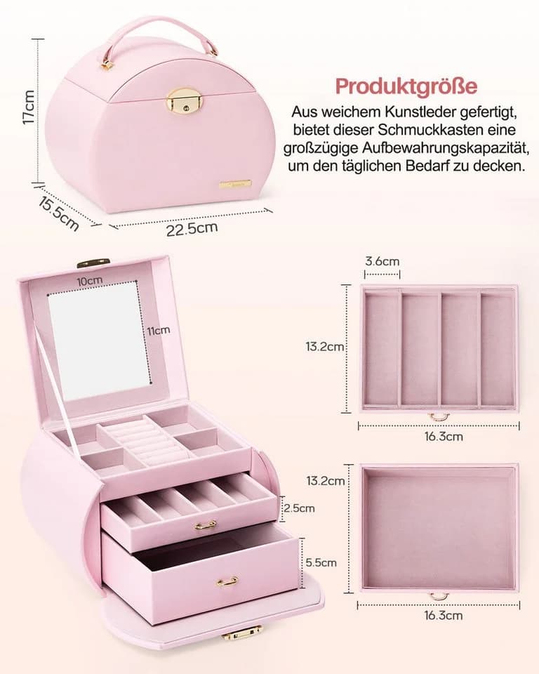Yorbay Schmuckkasten Rosa Gold 3 Ebenen Mit Spiegel Abschließbar - Bild 3