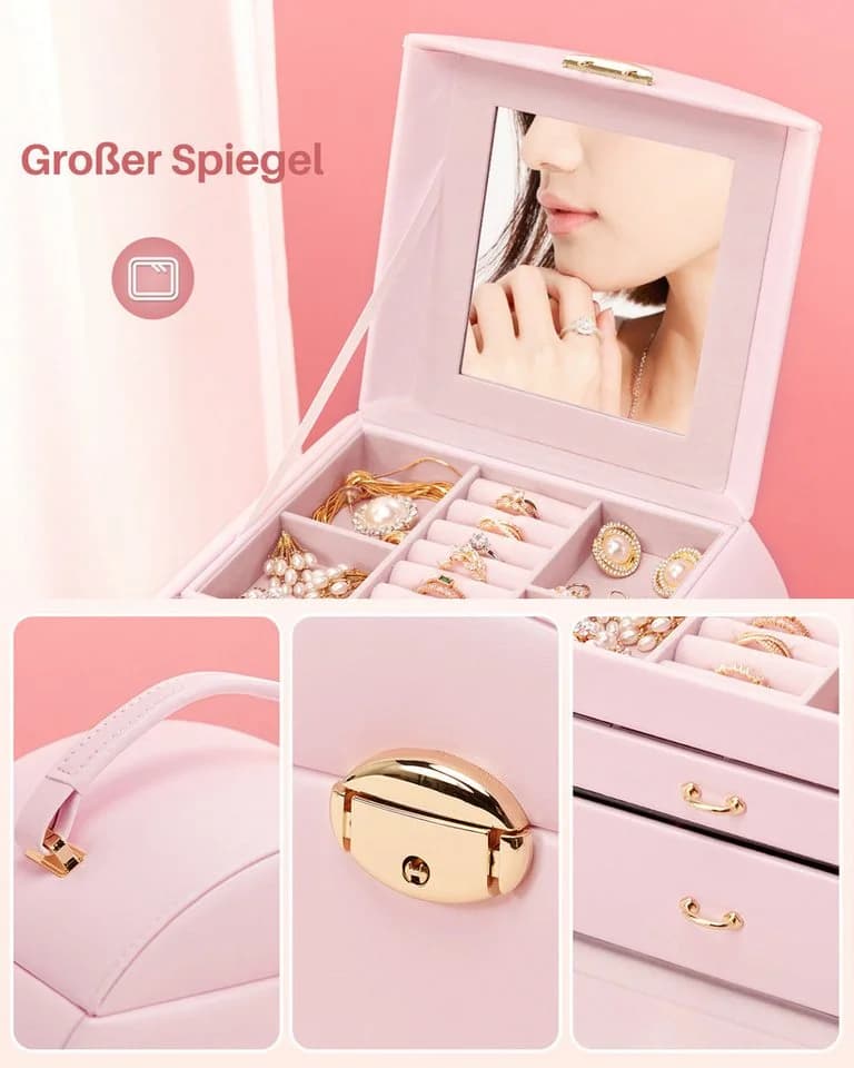 Yorbay Schmuckkasten Rosa Gold 3 Ebenen Mit Spiegel Abschließbar - Bild 5