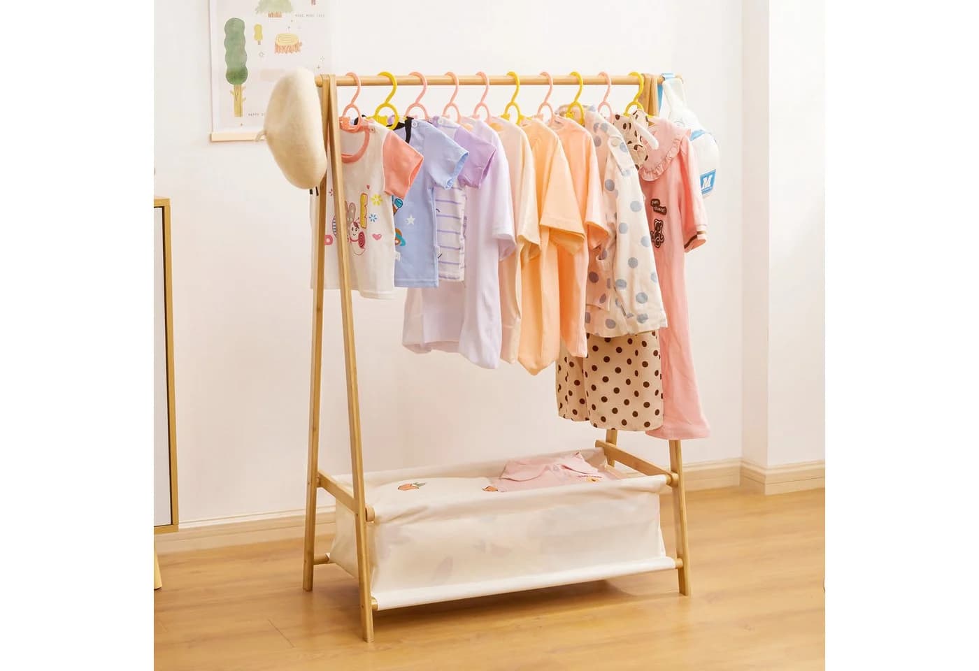 Yorbay Kleiderständer Kinder mit Aufbewahrungsbox Bambus Weiß/Rosa - Bild 3