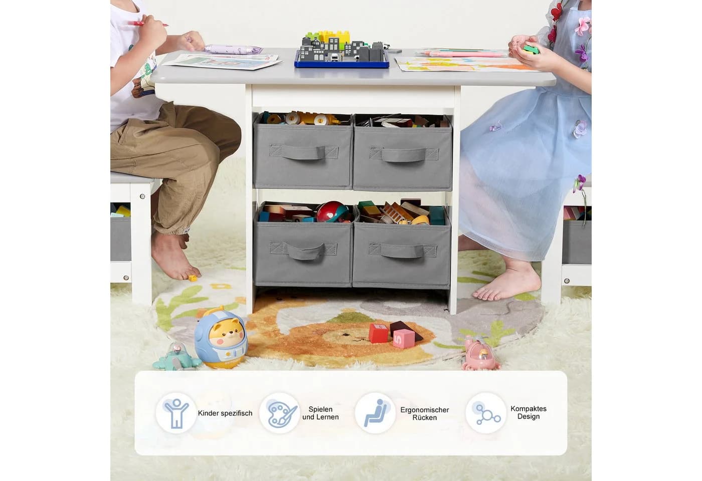 Yorbay Kindersitzgruppe Kindertisch mit 2 Stühlen, mit 6 Aufbewahrungskörben, Grau/Weiß - Bild 3