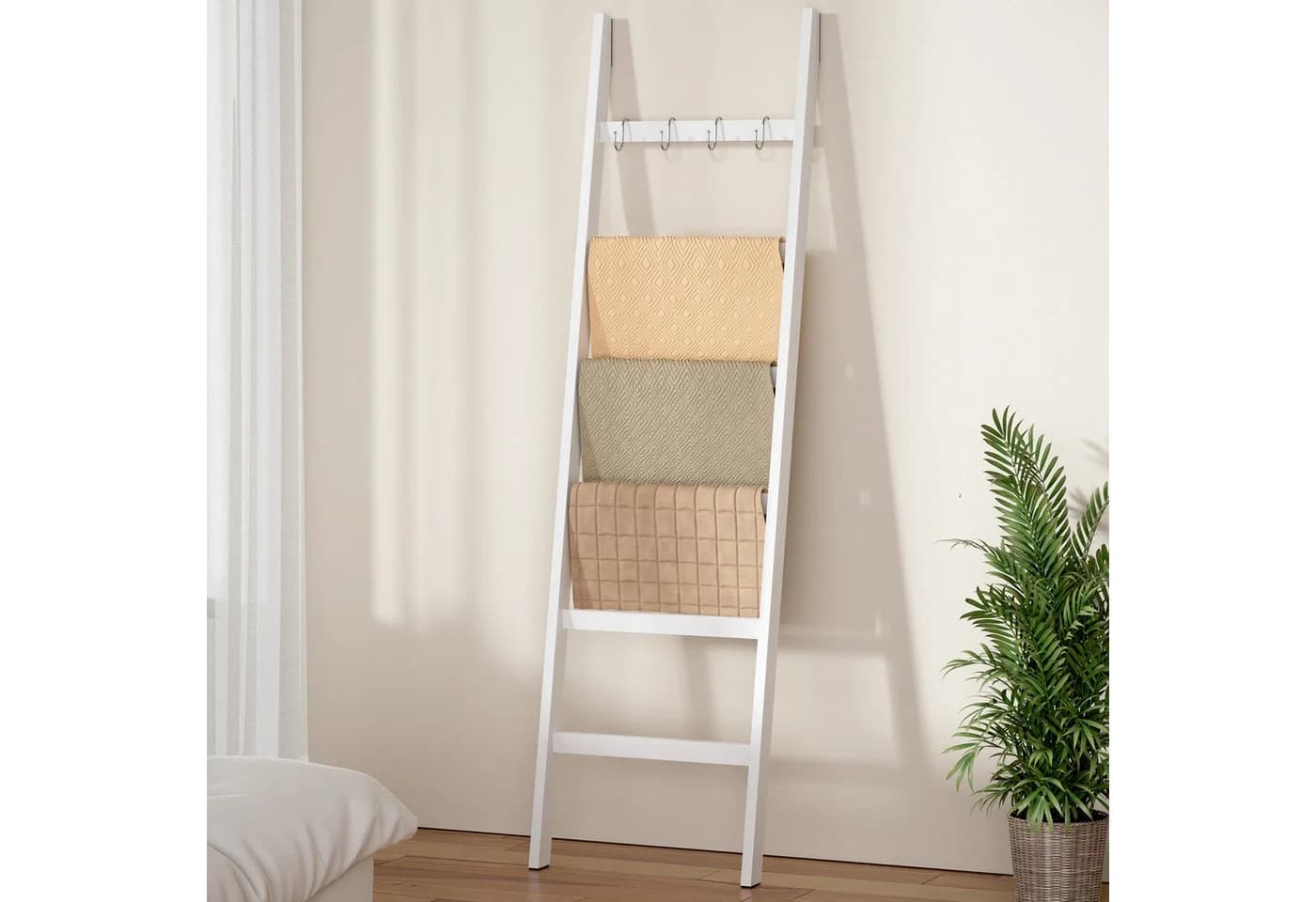 Yorbay Handtuchleiter Bambus 6 Ebenen Leiterregal 4 Haken 2 Sicherheitsgurte 43x170 cm