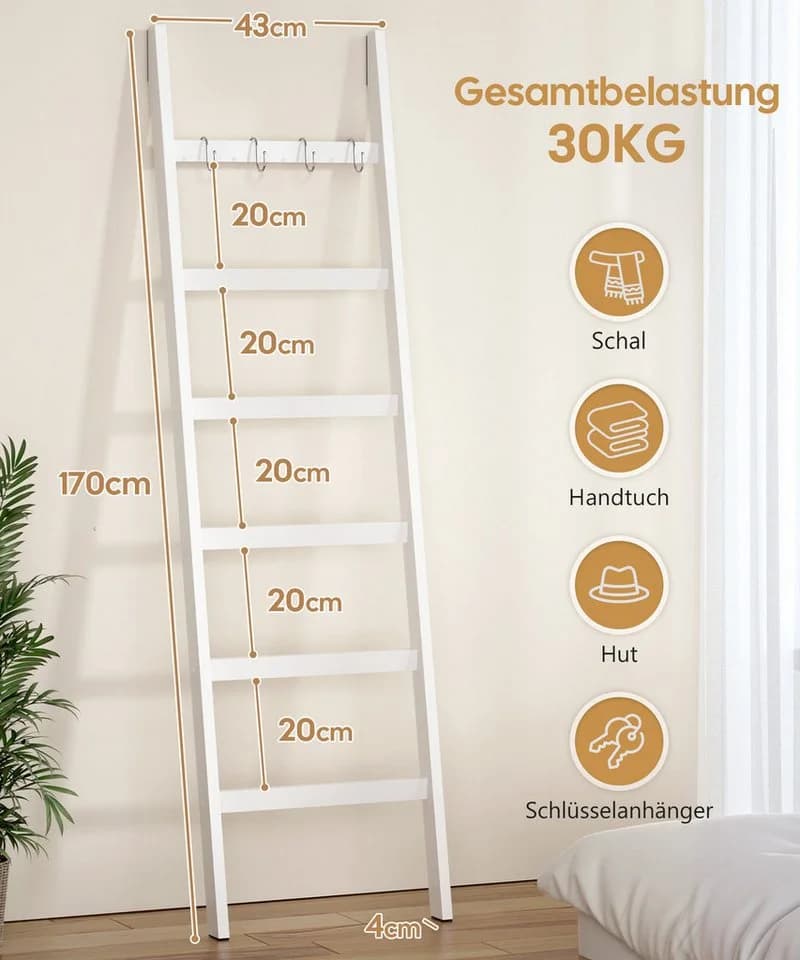 Yorbay Handtuchleiter Bambus 6 Ebenen Leiterregal 4 Haken 2 Sicherheitsgurte 43x170 cm - Bild 3
