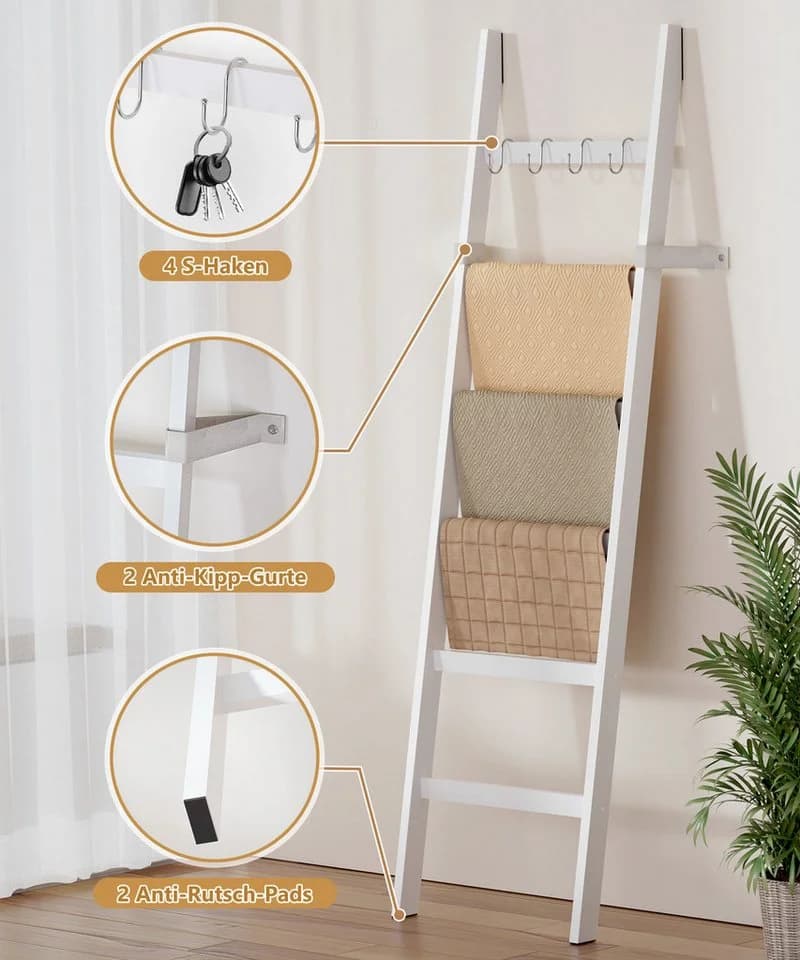 Yorbay Handtuchleiter Bambus 6 Ebenen Leiterregal 4 Haken 2 Sicherheitsgurte 43x170 cm - Bild 4
