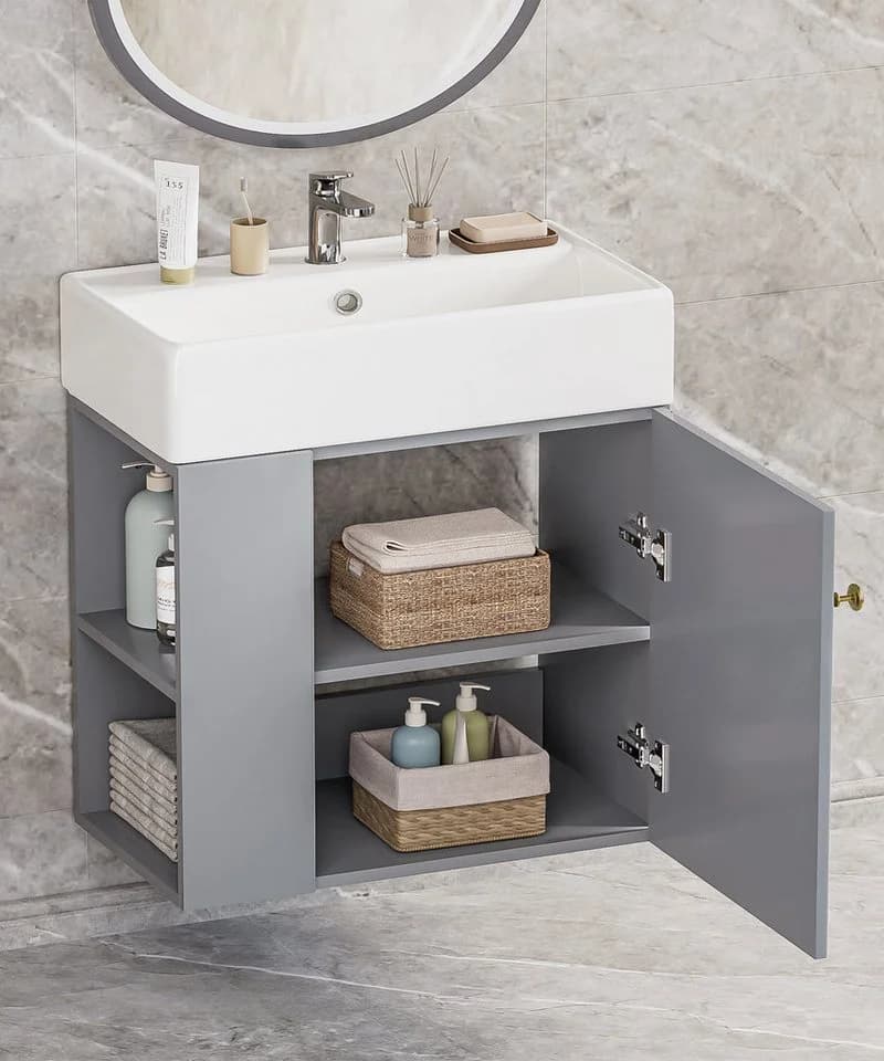 Yorbay Waschtischunterschrank Grau Modern mit Keramikbecken - Bild 1