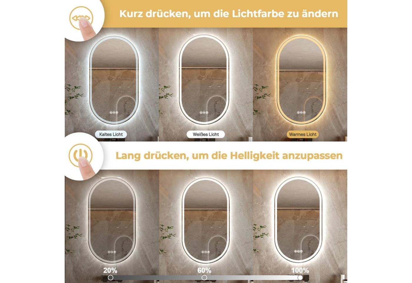 Yorbay LED Badspiegel Oval Antibeschlag 80x50cm Ohne Rahmen - Bild 4
