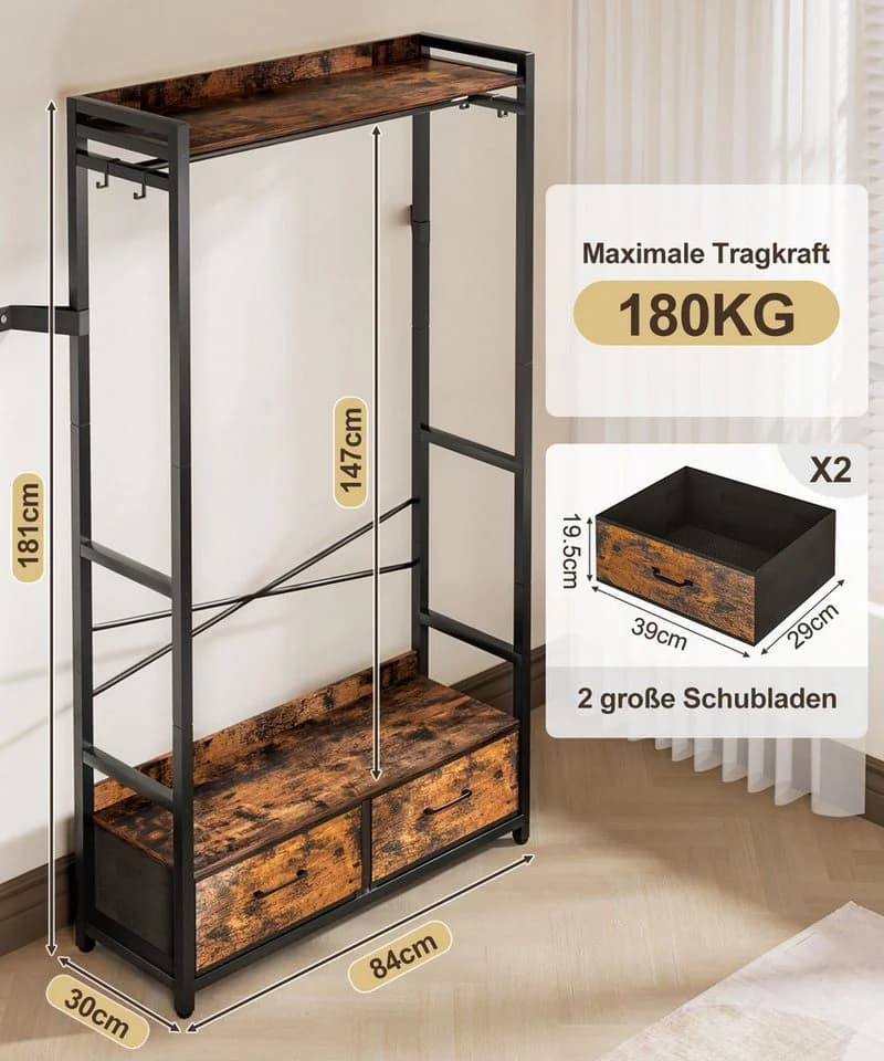 Yorbay Kleiderständer Garderobenständer mit 2 Schubladen & Aufbewahrungsbox, Retro Design