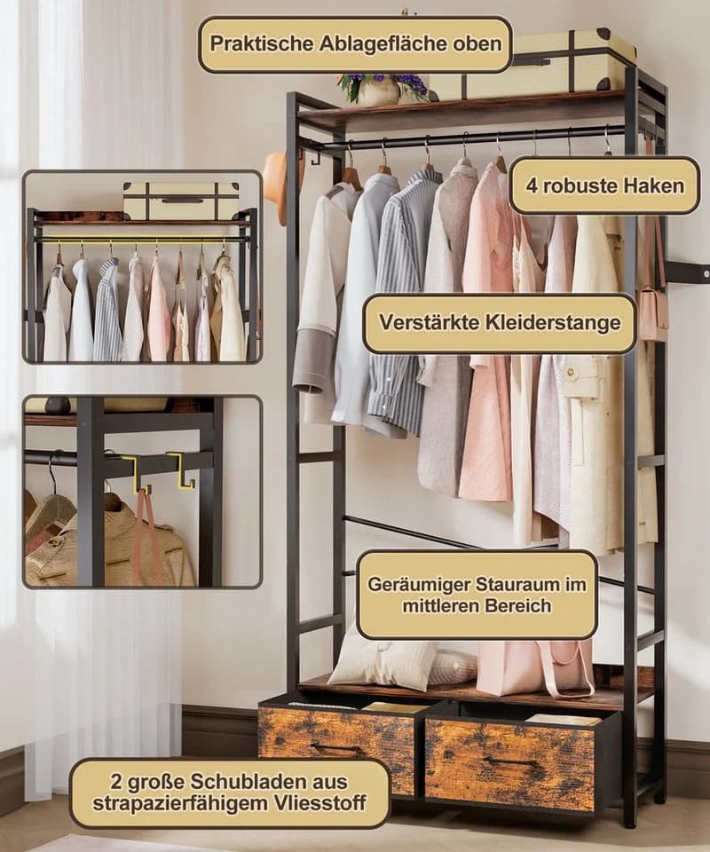 Yorbay Kleiderständer Garderobenständer mit 2 Schubladen & Aufbewahrungsbox, Retro Design - Bild 3