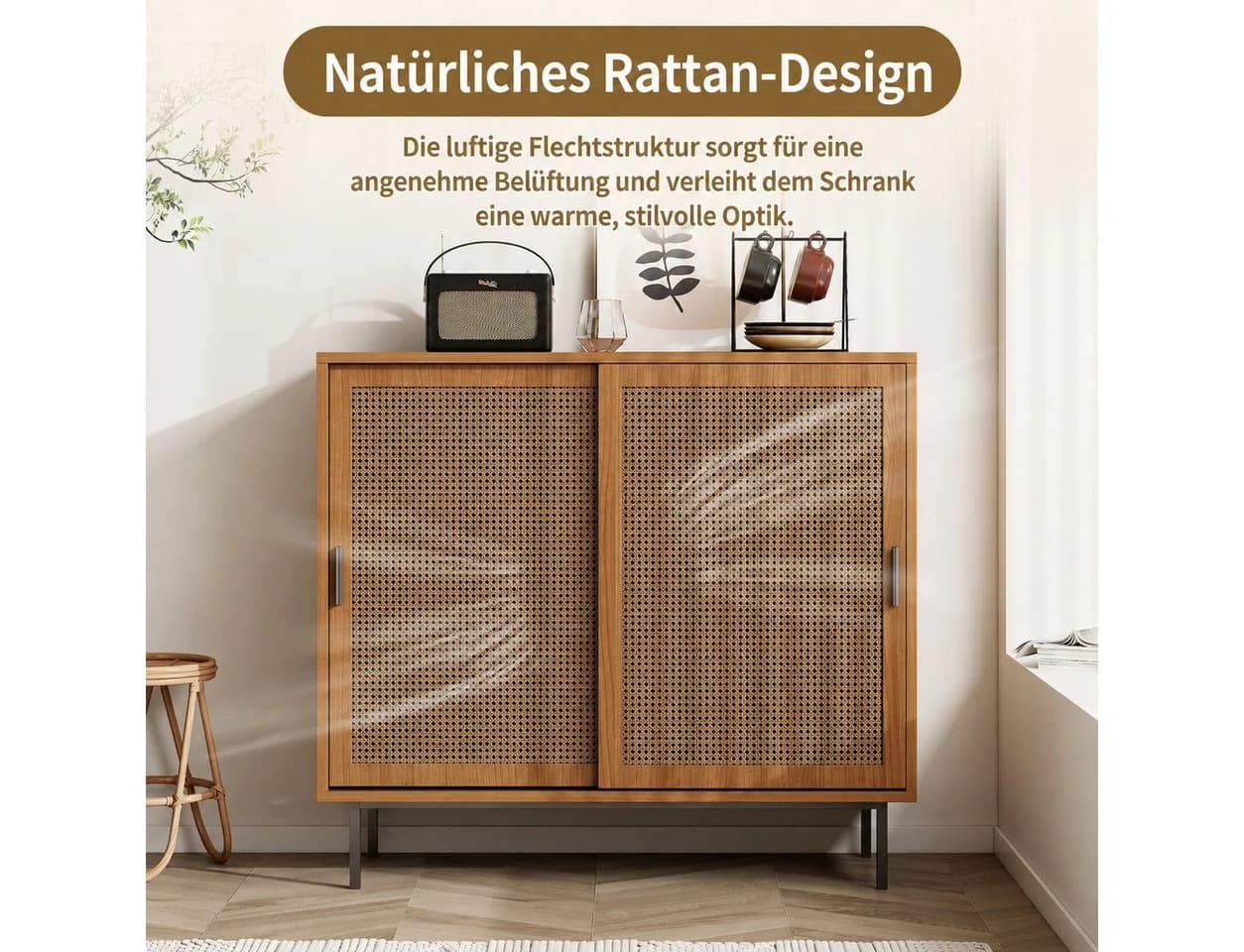 Yorbay Sideboard Küchenschrank mit 2 Rattan-Schiebetüren Walnuss