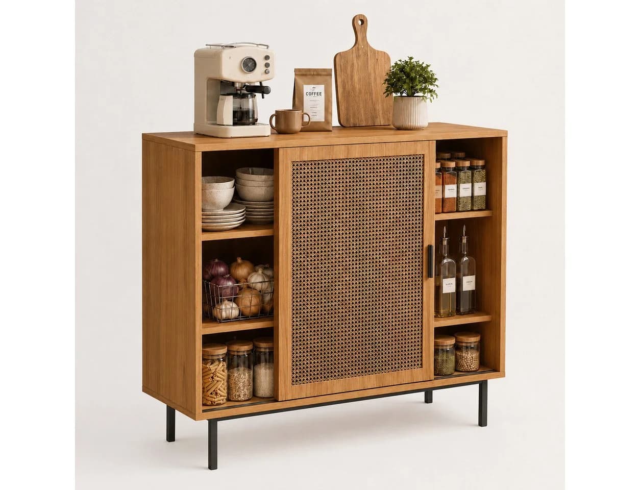 Yorbay Sideboard Küchenschrank mit 2 Rattan-Schiebetüren Walnuss - Bild 2