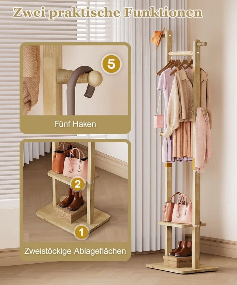Yorbay Kleiderständer aus Massivholz mit Ablagebrettern & Haken - Bild 4
