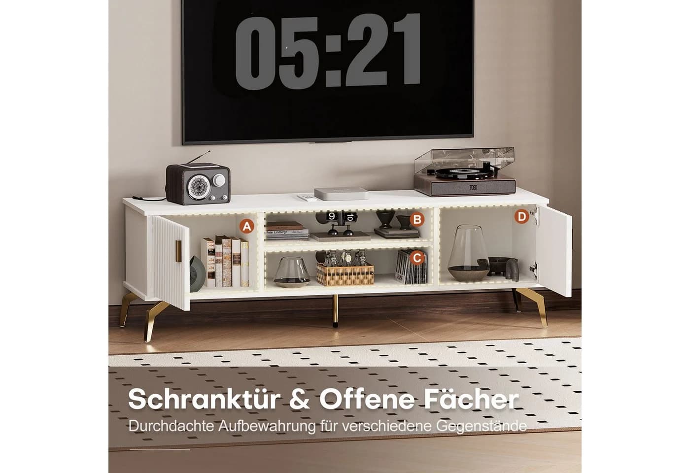 Yorbay Lowboard TV Schrank Weiß Metallbeine Goldene Griffe - Bild 4