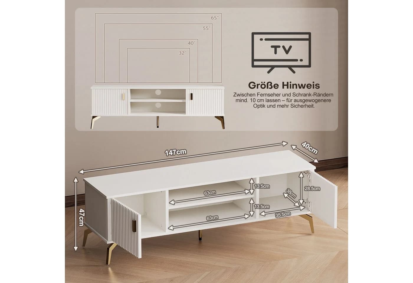 Yorbay Lowboard TV Schrank Weiß Metallbeine Goldene Griffe - Bild 5
