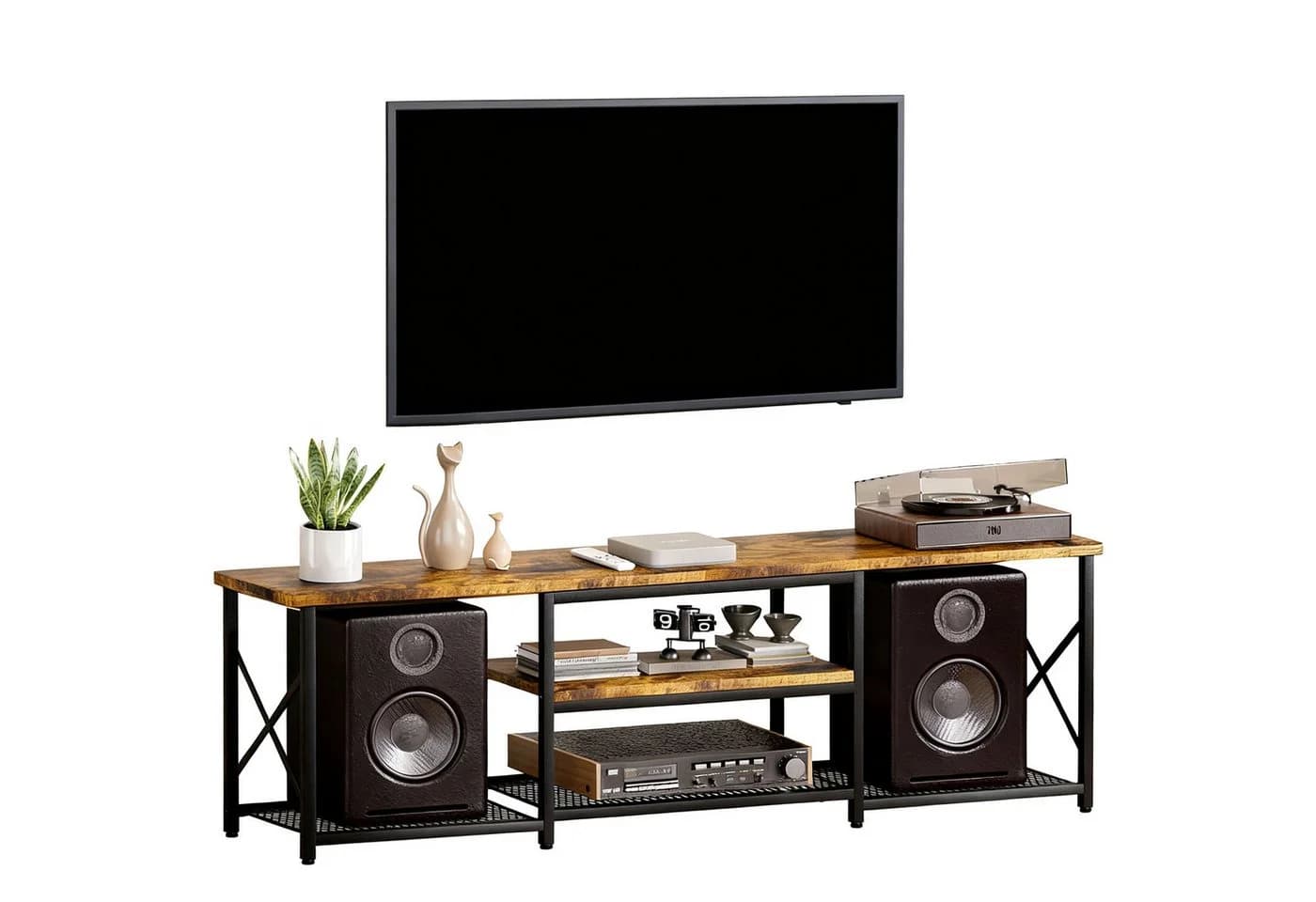 Yorbay Lowboard TV Schrank für Fernseher bis zu 70 Zoll, Schwarz & Retro Holzfarben